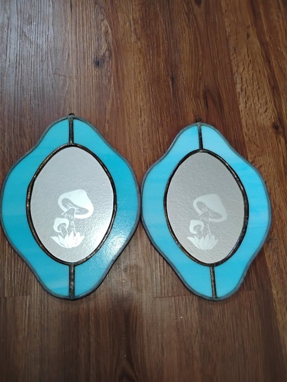 Vintage Handcrafted Stained Glass Etched Mushroom Mirror Set